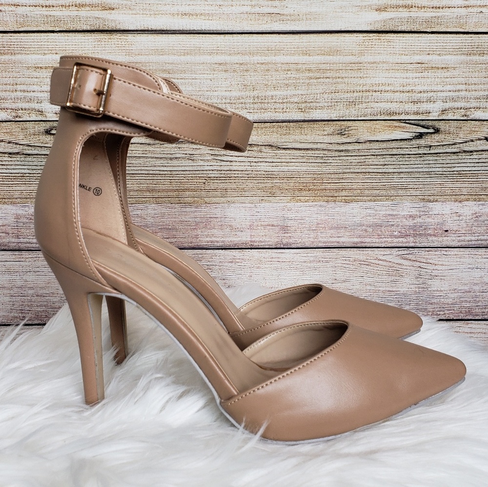 Dream Pairs Tan Pointed Toe Ankle Strap Heels